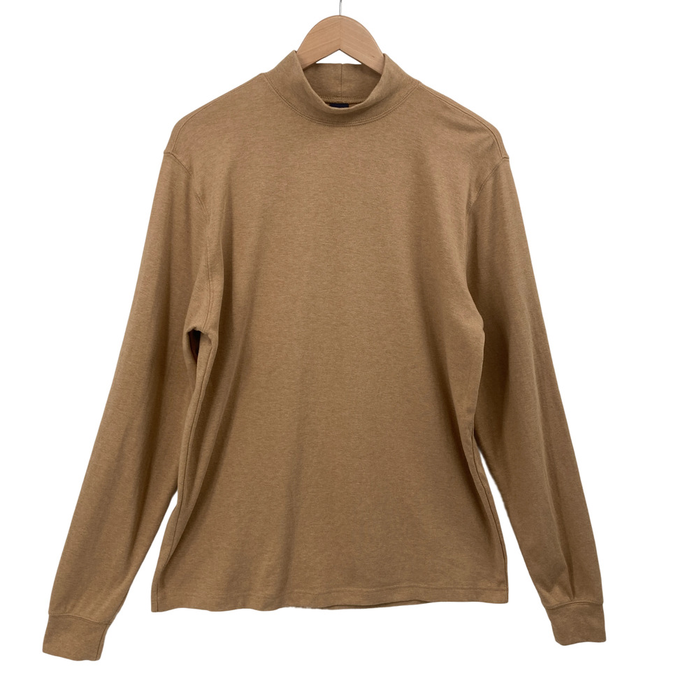 Lands' End Mens M 38-40 Mock Neck Shirt Brown Cotton Long Sleeve Casual